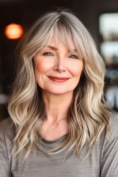 Účes s dlouhými vlnami pro ženy nad 40 let s ofinou.