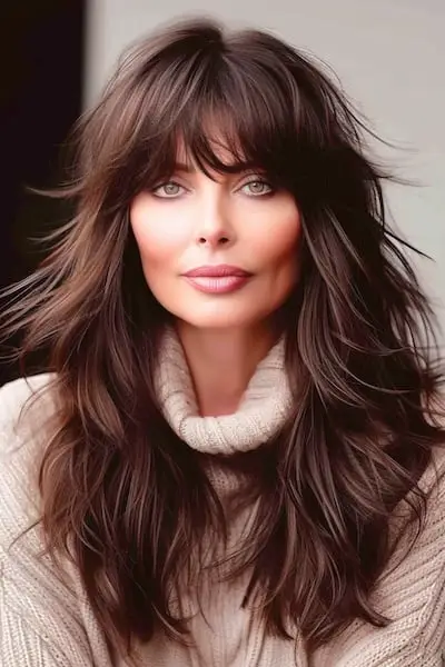 Účes s opeřenými vrstvami s ofinou pro ženy nad 40 let s ofinou.