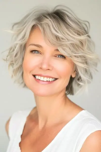 Vrstvený účes Bob s rozcuchanými vlnami pro ženy nad 40 let s ofinou.