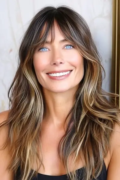 Dlouhý melírovaný účes pro ženy nad 40 let s ofinou.