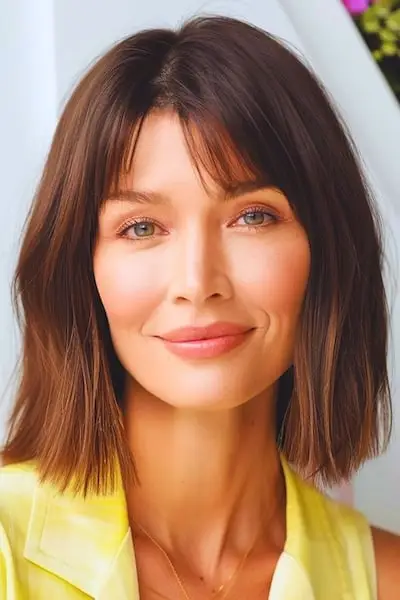 Účes Bob s jemnými třesky pro ženy nad 40 let s ofinou.