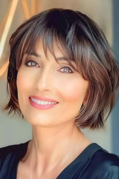 Vrstvený Bob účes po bradu pro ženy nad 40 let s ofinou.