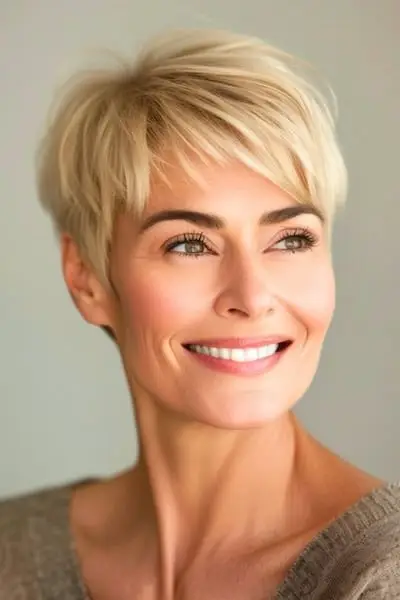 Účes Pixie s Wispy Bangs pro ženy nad 40 let s ofinou.