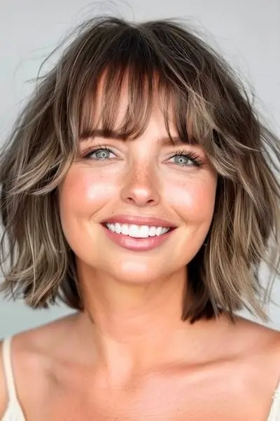 Středně dlouhý účes Bob s hustou ofinou pro ženy nad 40 let s ofinou.