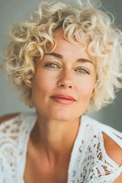Krátký kudrnatý účes pro ženy nad 40 let s ofinou.