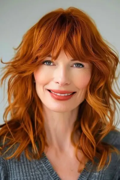 Účes s měděnými vlnami pro ženy nad 40 let s ofinou.