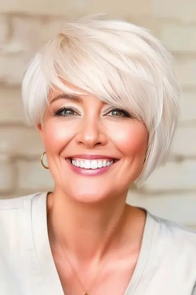 Asymetrický účes Bob s ofinou přehnutou do strany pro ženy nad 40 let s ofinou.