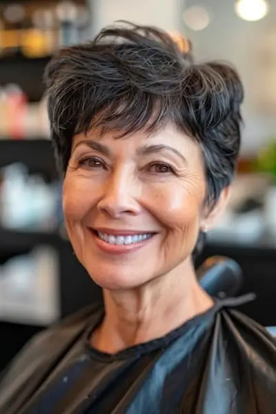 70세 이상 여성을 위한 레이어드 및 질감의 픽시 헤어스타일.