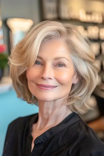 70세 이상 여성을 위한 부드러운 레이어드 금발 보브 헤어스타일.