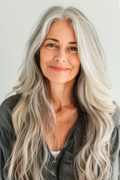 70세 이상 여성을 위한 긴 실버 웨이브 헤어스타일입니다.