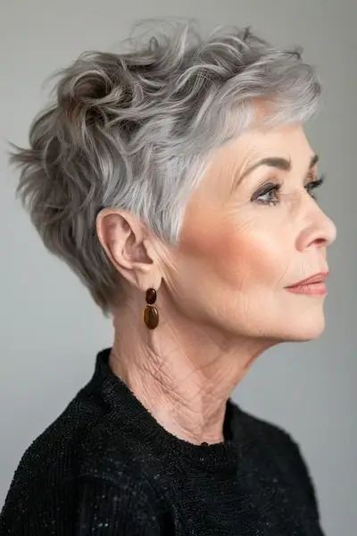 70세 이상 여성을 위한 실버 픽시 헤어스타일.