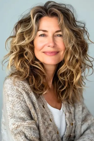 70세 이상 여성을 위한 볼륨 있고 느슨한 컬 헤어스타일.