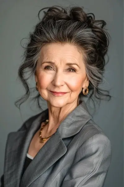 70세 이상 여성을 위한 볼륨감 있는 업두 헤어스타일입니다.