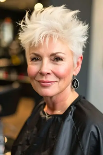 70세 이상 여성을 위한 날카로운 뾰족한 픽시 헤어스타일.