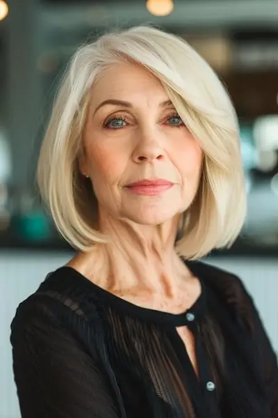 70세 이상 여성을 위한 레이어드 금발 보브 헤어스타일.