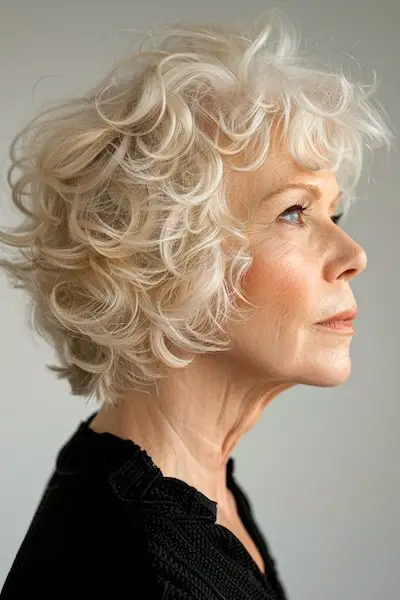 70세 이상 여성을 위한 자연스러운 금발 레이어드 컬 헤어스타일입니다.