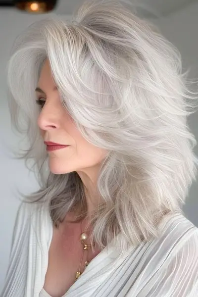 70세 이상 여성을 위한 깃털 장식의 아이스 실버 레이어 헤어스타일입니다.