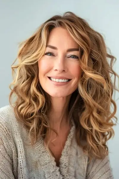 70세 이상 여성을 위한 하이라이트 헤어스타일의 어깨 길이 레이어.