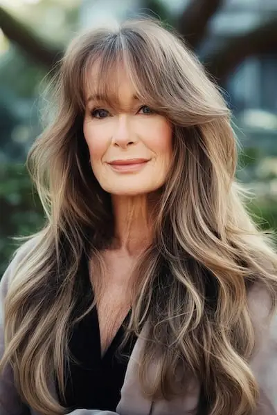70세 이상 여성을 위한 프린지 헤어스타일의 긴 웨이브.