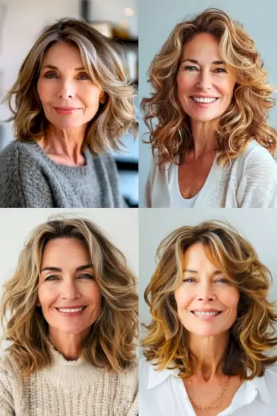 70세 이상 여성을 위한 하이라이트 헤어스타일을 갖춘 어깨 길이 레이어의 콜라주입니다.