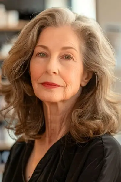 70세 이상 여성을 위한 어깨 길이 웨이브 헤어스타일입니다.