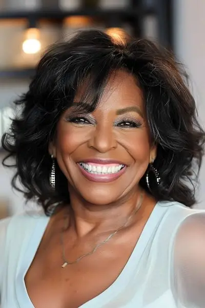 70세 이상 여성을 위한 어깨 길이의 레이어드 헤어스타일입니다.