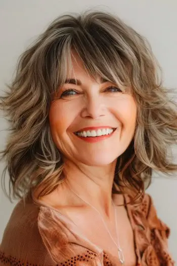 Střapatý účes po ramena pro ženy nad 60 let.