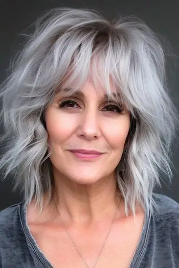 Středně dlouhý šedý účes s ofinou pro ženy nad 60 let.