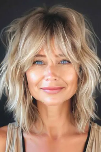 Rozcuchaný blond účes pro ženy nad 60 let.