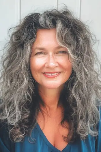 Dlouhý kudrnatý účes typu Salt and Pepper Shag pro ženy nad 60 let.