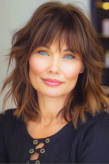 Účes Shag s tupou ofinou pro ženy nad 60 let.