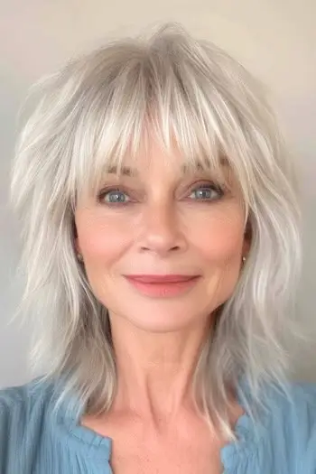 Středně dlouhý střapatý účes pro ženy nad 60 let.