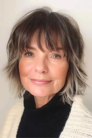 Krátký shag s balayage zvýrazňujícím účesem pro ženy nad 60 let.