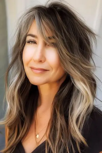 Dlouhý melírovaný účes pro ženy nad 60 let.