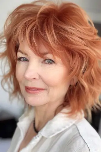 Světlý měděný účes pro ženy nad 60 let.