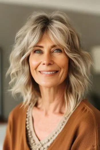 Účes Shag with Curtain Bangs pro ženy nad 60 let.