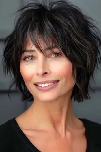 Oříznutý účes s texturou Shag pro ženy nad 60 let.