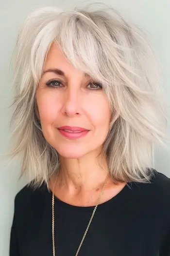 Shaggy dlouhý Bob účes pro ženy nad 60 let.