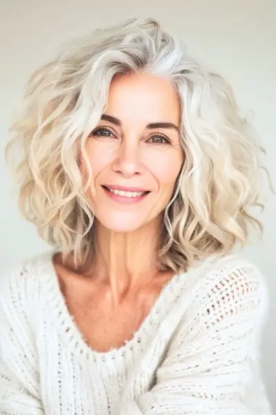 Lob cret cu straturi lungi spală și poartă coafura pentru femeile peste 60 de ani.