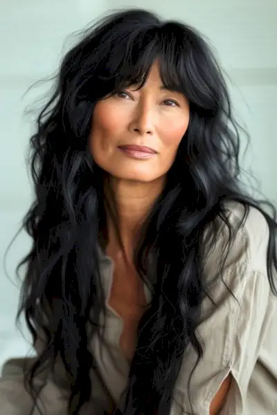 Valuri lungi negre cu franjuri spalare si purta coafura pentru femeile peste 60 de ani.