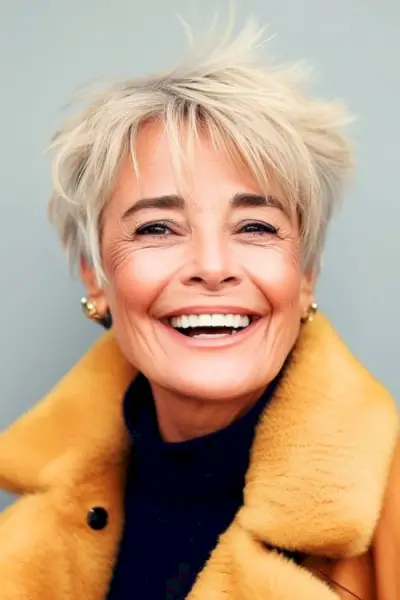 Pixie firav cu straturi agitate spală și poartă coafura pentru femeile de peste 60 de ani.