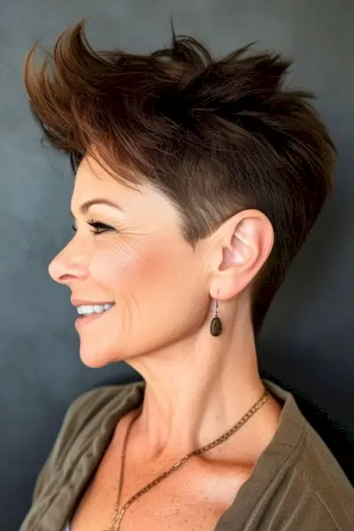 Pixie înțepător cu coafură spălată și purtată pentru femeile de peste 60 de ani.