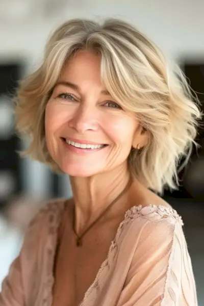 Coafura bob stratificată texturată se spală și se poartă pentru femeile de peste 60 de ani.