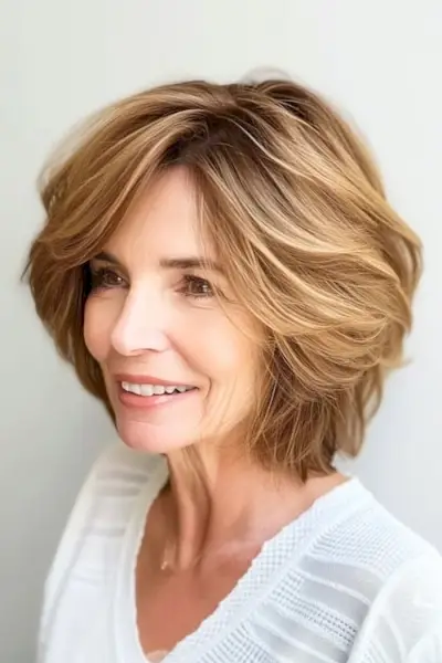 Bob cu pene până la maxilarul spală și poartă coafura pentru femeile de peste 60 de ani.