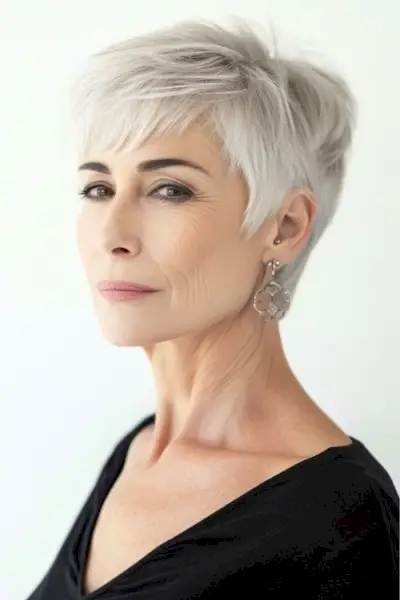 Pixie în straturi argintii spăla și poartă coafura pentru femeile de peste 60 de ani.