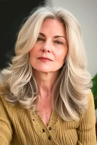 Stratificat lung, cu capete cu pene, spală și poartă coafura pentru femeile peste 60 de ani.