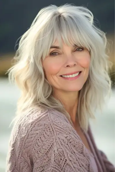 Straturile ondulate până la umeri spală și poartă coafura pentru femeile de peste 60 de ani.