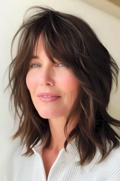 Shag texturat cu breton spală și poartă coafura pentru femeile de peste 60 de ani.