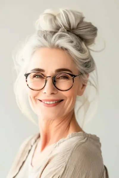 メガネをかけた銀髪の60代女性の高めのおだんご。