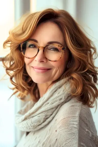 メガネをかけた60歳以上の女性のウェーブのかかったロブヘアカット。